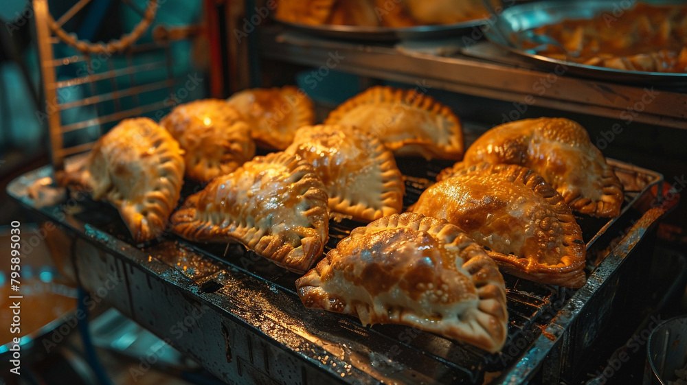Argentine traditional cuisine food. Empanadas pastry stuffed with beef meat on deep frying grid