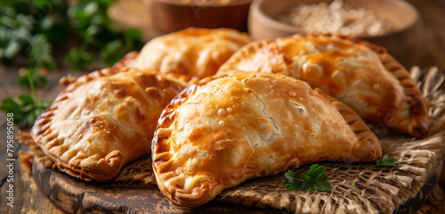 Argentine traditional food. Fried empanada pastry stuffed with beef meat. South America cuisine photo