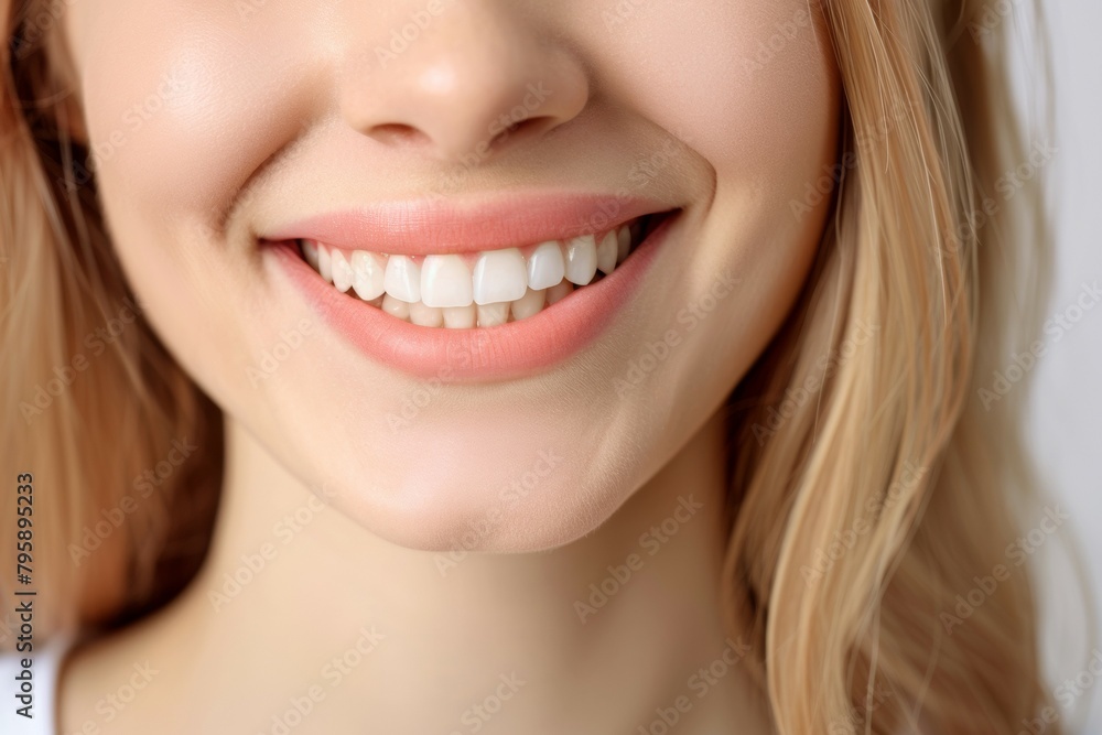 A woman with a bright smile showing her teeth. Beautiful smile concept A woman with a bright smile showing her teeth. Beautiful smile concept