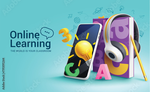 Online learning school vector design. Back to school online learning education with mobile phone virtual digital elements for e learning courses student device. Vector illustration online learning 