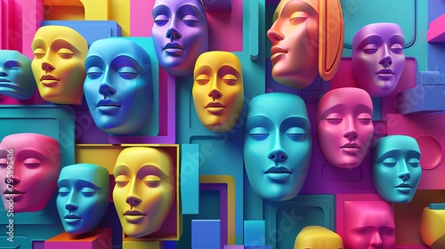 Video conferencing, abstract faces on screen, vibrant color splashes, dynamic composition, 