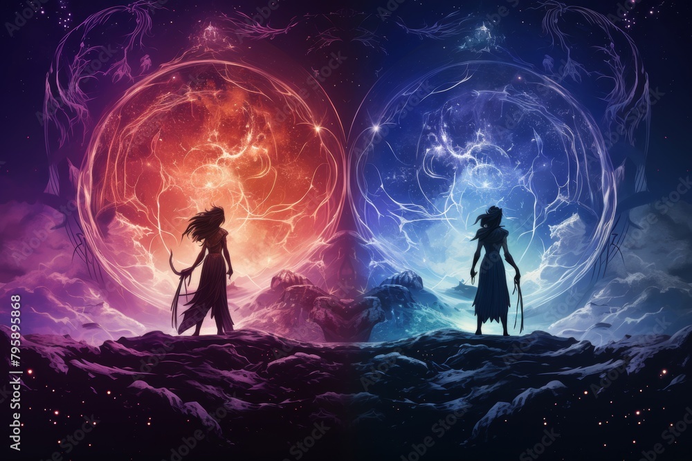 Fototapeta premium Fantasy series poster with a magical violet to dark indigo gradient, conveying the enchantment and dark mystical forces at play