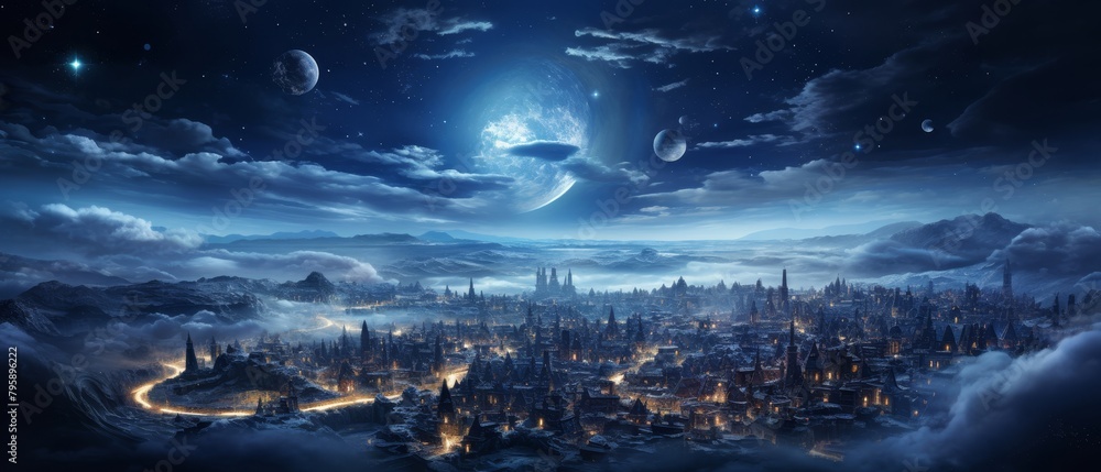 Ereader screen saver showcasing a distant view of a mystical city at midnight, lit by stars and soft lunar light