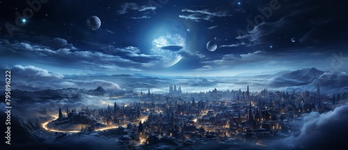 Ereader screen saver showcasing a distant view of a mystical city at midnight, lit by stars and soft lunar light