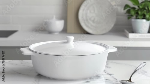 a ceramic soup tureen with ladle . photo