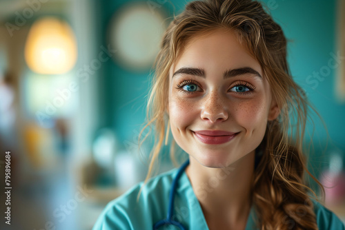 A nurse smiling to reassure the patient in a hospital. Concept of medicine, health, and patient care