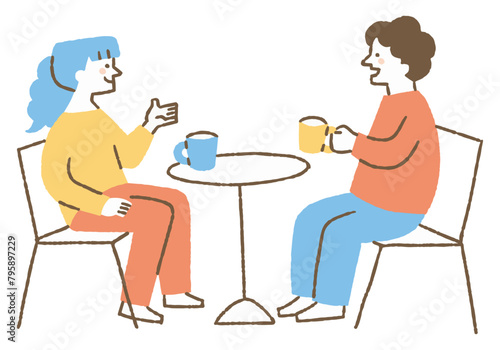 Two people drinking and conversing happily_color