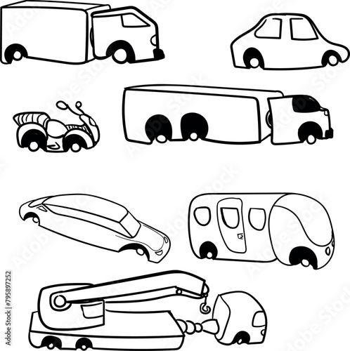 Set of cartoon cars and trucks. Their peculiarity is the tiny size of the wheels.