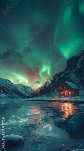 A wooden house sits on the edge of a frozen lake, surrounded by snow-covered mountains. The sky is dark, the stars are out, and the aurora borealis is visible.