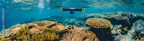An autonomous underwater drone captures footage of a beautiful coral reef. photo