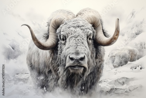 Detailed pencil sketch of a musk oxs rugged face, with snow accumulating on its horns and eyelashes photo