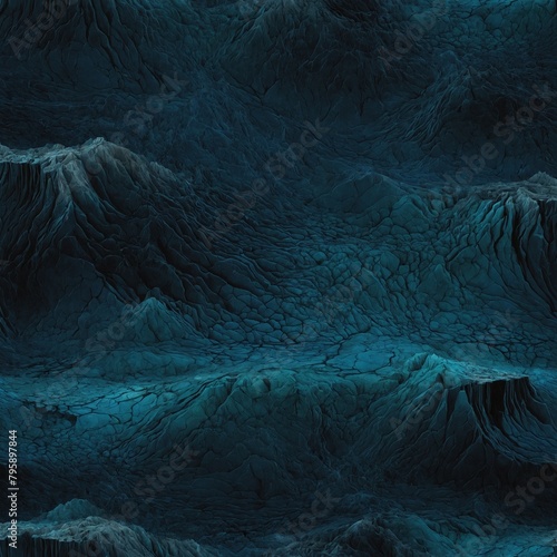 Dark, ominous landscape stretches out before viewer, with jagged peaks, deep valleys forming treacherous terrain. Surface rough, textured, with cracks, crevices adding to sense of danger, foreboding.
