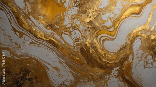 Golden swirls, veins intertwine with streaks of white, gray, creating abstract landscape reminiscent of marble, flowing liquid. Metallic gold paint catches light, adding depth. photo