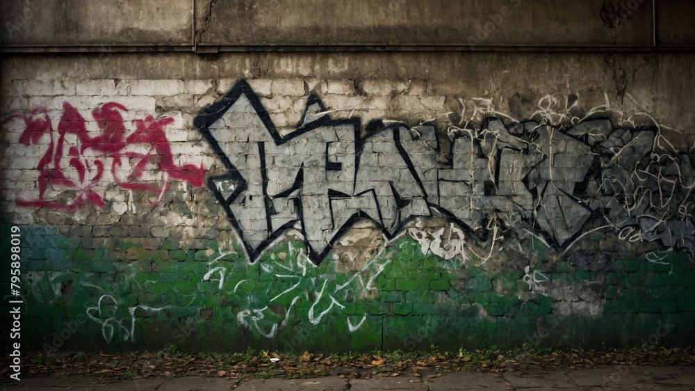 Fototapeta premium Weathered brick wall covered in layers of spray-painted graffiti. Dominant tag large, stylized word in white, black, with smaller, less legible tags in red, green, white surrounding it.
