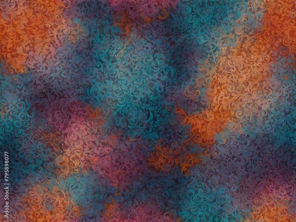 Abstract pattern fills frame, swirling in shades of orange, purple, teal. Pattern made up of small, organic shapes that resemble leaves, vines, it creates sense of movement, depth. Colors rich.