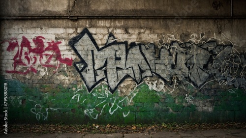 Weathered brick wall covered in layers of spray-painted graffiti. Dominant tag large  stylized word in white  black  with smaller  less legible tags in red  green  white surrounding it.