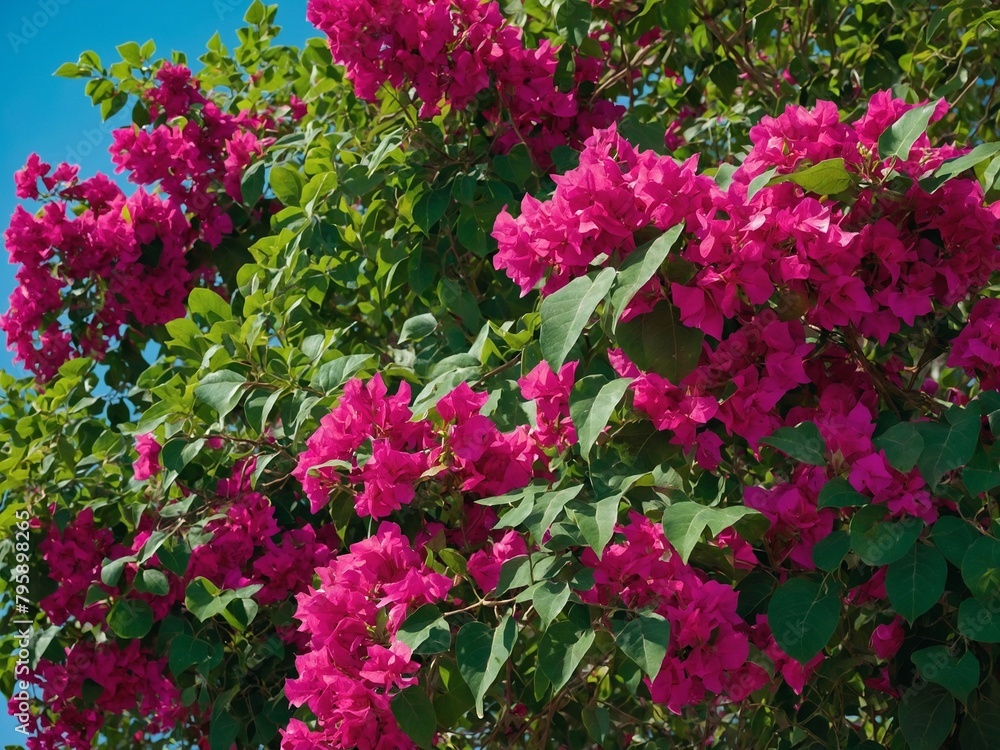 Clusters of vibrant pink bougainvillea blossoms adorn tree's branches, creating stunning display against backdrop of clear blue sky.
