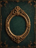 Large, ornate, oval gold frame mounted on dark green wall with subtle damask pattern. Frame decorated with intricate carvings of leaves, flowers, scrolls, it has rich, antique appearance.
