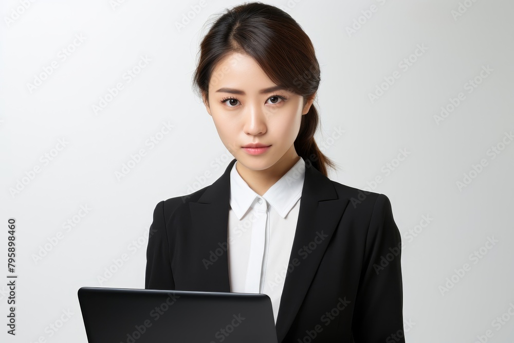 Business profile shot of an Asian businesswoman in a black suit, holding a laptop with a smile that communicates friendliness and professionalism, isolated on white Business profile shot of an Asian businesswoman in a black suit, holding a laptop with a smile that communicates friendliness and professionalism, isolated on white