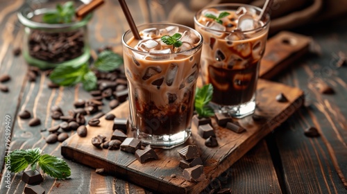 Two glasses of iced coffee with mint leaves and chocolate chips