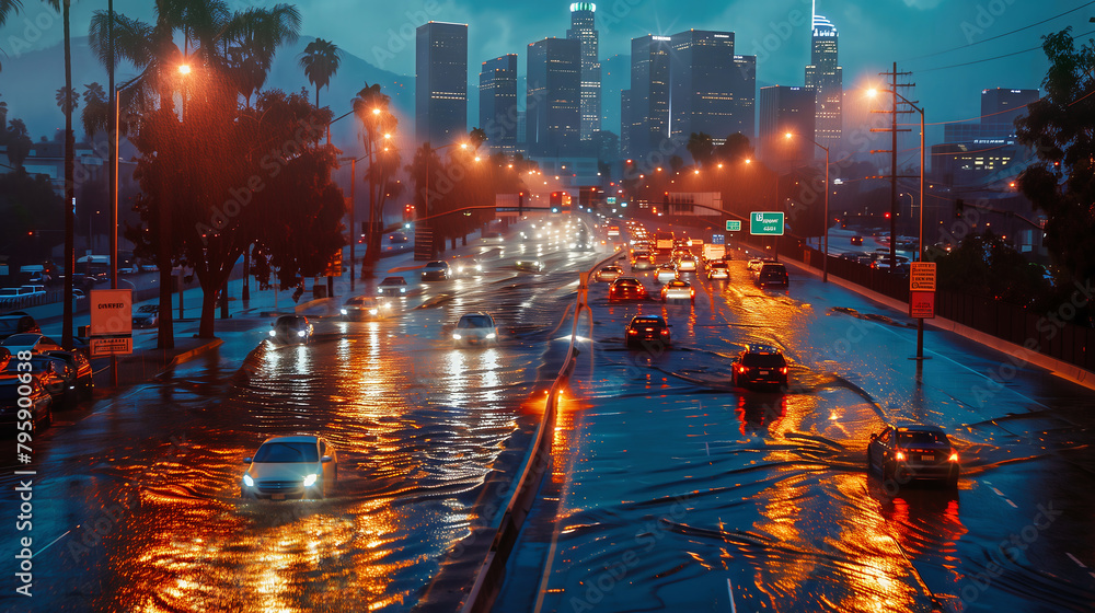 Obraz premium Heavy traffic on the flooded downtown street during severe stormy and rainy weather at rush hour