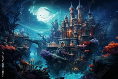 A splitimage ad featuring a vibrant coral reef and a fantastical underwater city, emphasizing the magical beauty of marine conservation #795900667