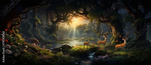 A conservation message featuring a realworld woodland next to an enchanted forest filled with mythical beasts, highlighting habitat preservation © Seksan