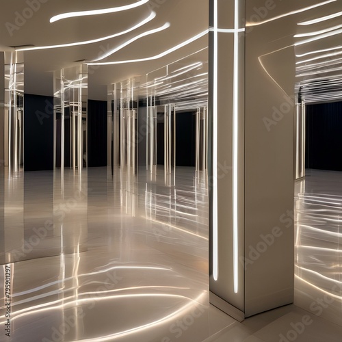 A modern art installation featuring rotating mirrors reflecting light and creating dynamic patterns2 photo