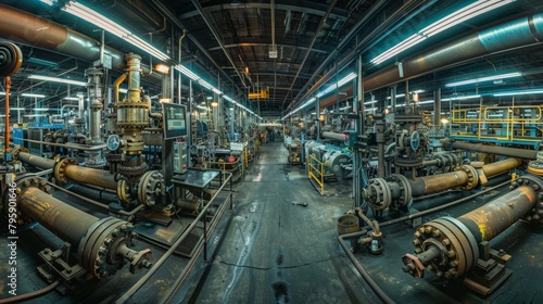 A panoramic view inside a factory showcasing a maze of steel pipelines and valves, illuminated by overhead lights