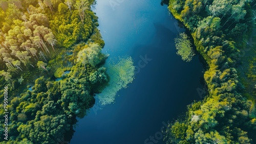 Aerial view of river cutting through dense forest