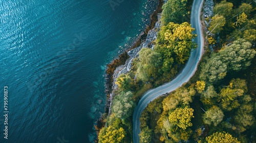 Aerial view of winding road by lake surrounded autumn trees