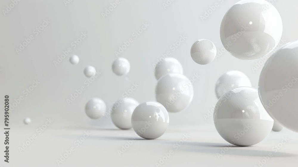 White spheres of various sizes floating against plain light background White spheres of various sizes floating against plain light background
