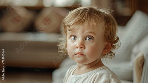 Indoor portrait of little adorable charismatic suspicious child looking aside, hearing strange sounds, recollecting awkward situation. Human emotions and feelings, body language, signs, gestures AI 