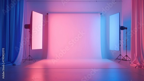 Colorful photography studio setup with lighting equipment photo