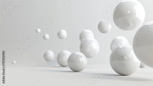 White spheres of various sizes floating against plain light background