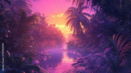 Sunset on the beach with neon color style look  Illustration. 