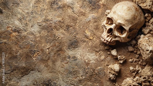 Human skull on textured rocky surface