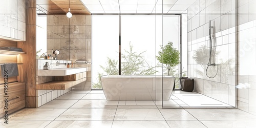 An interior design drawing of the bathroom area in white  grey tiles with light wood accents  large windows  modern style.