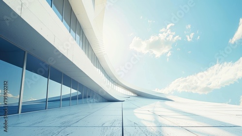 Modern architecture with curved lines and reflective glass under blue sky © Artyom