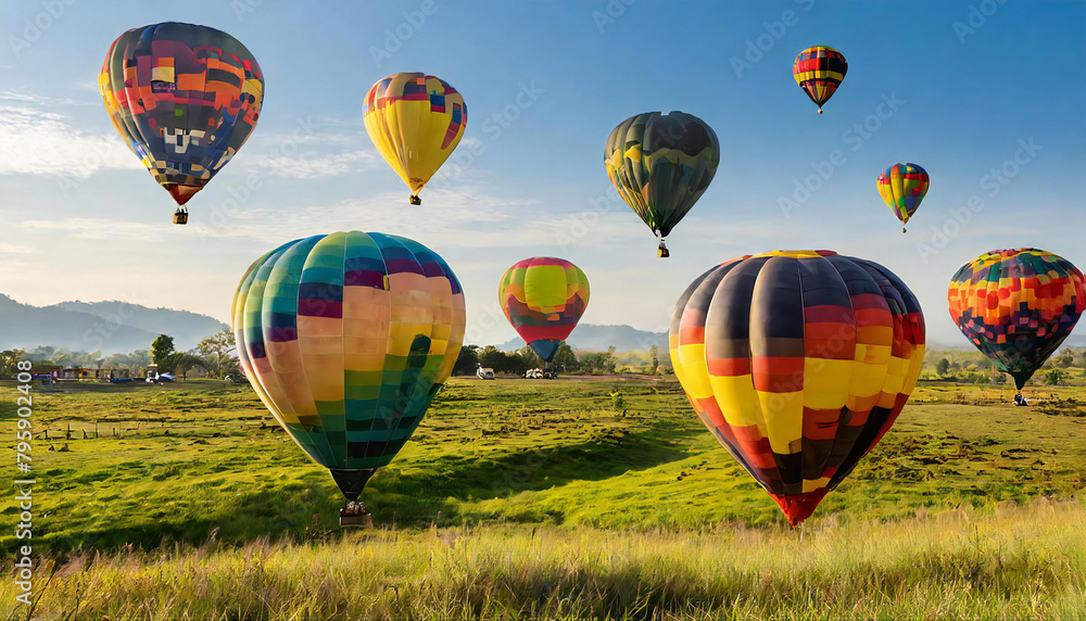 Multiple colorful hot air balloons spread out over the grassland. The sky and hot air balloons. A hot air balloon with a spectacular view.