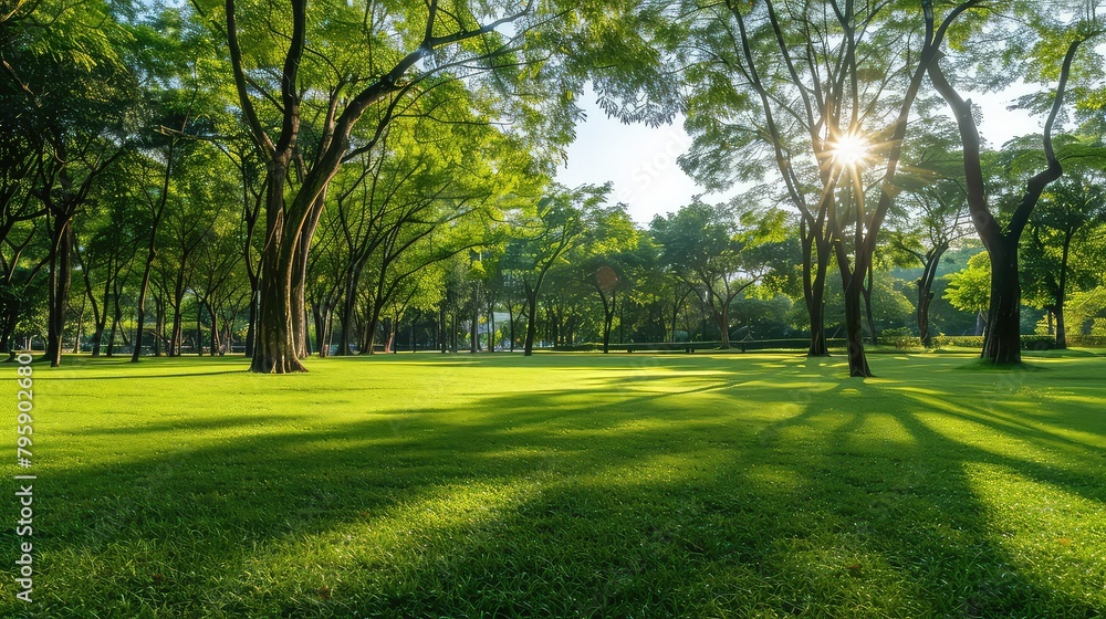 Green tree forest in city public park with green meadow grass nature landscape AI generated Green tree forest in city public park with green meadow grass nature landscape AI generated