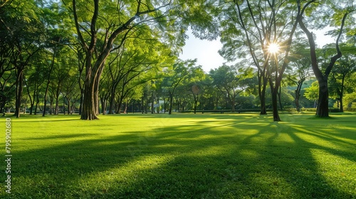 Green tree forest in city public park with green meadow grass nature landscape AI generated