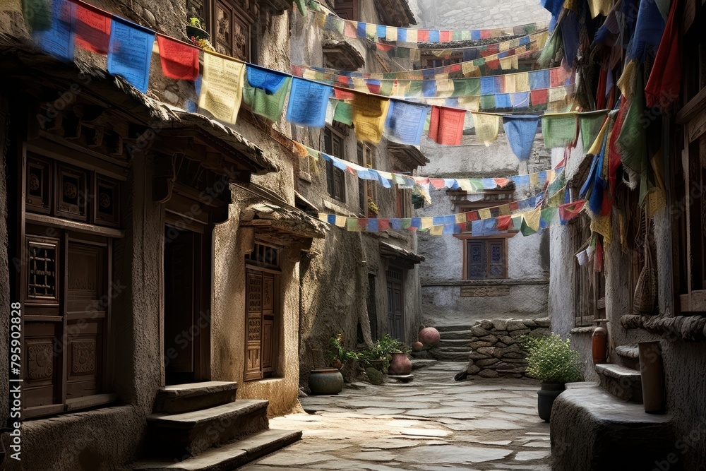 Naklejka premium Tibetan prayer flags architecture building outdoors.
