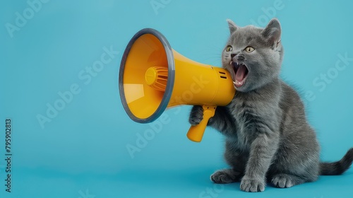 Funny grey cat screams with a yellow loudspeaker on a blue background, creative idea. Fun pet kitten speaks into a megaphone. Management and advertising, concept AI generated