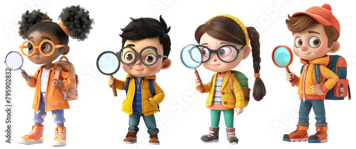 Four cartoon characters of school children using magnifying glasses. Isolated over transparent background