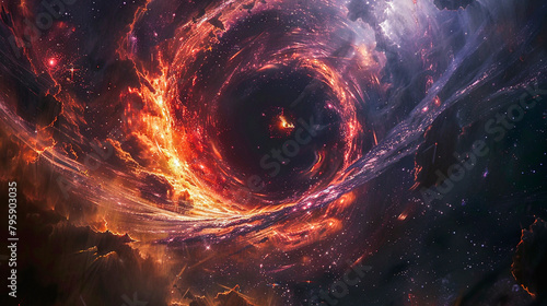 Black hole creating a swirling vortex of cosmic matter and light in the vastness of space.