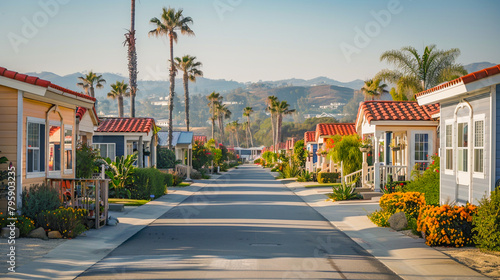 Palm tree-lined street with colorful houses under a bright blue sky, capturing the vibrant spirit of a sunny neighborhood.