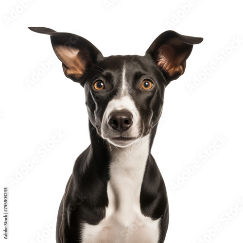 cute black with white podenco mix dog isolated on white background