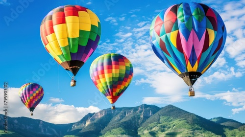 Colorful hot air balloons on a beautiful mountain background © jongaNU