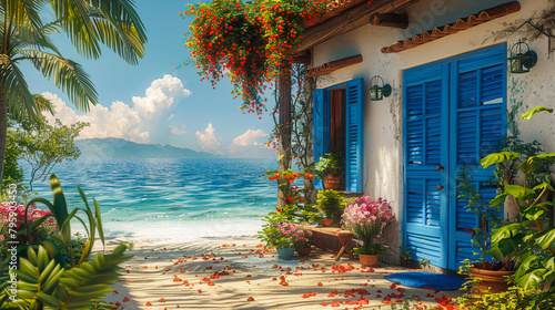 Coastal cottage with a flower-filled garden overlooking a scenic beach and rocky mountains under a bright blue sky.